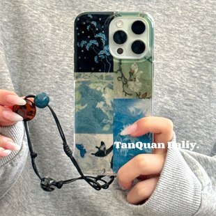 ins新中式梅竹蓝色蝴蝶带手挂绳适用iphone16pro手机壳苹果15promax新款14女款13中国古风14pro小众全包硬壳