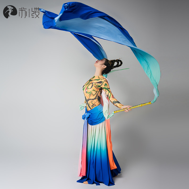 吉祥天女飞天敦煌演出服民族古典舞佛祖光圈七彩长绸伴舞群舞表演