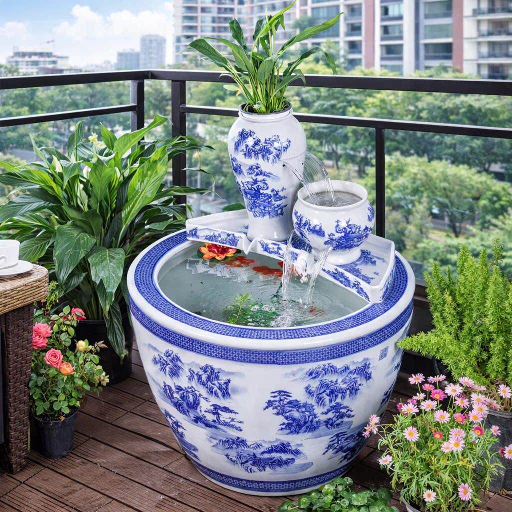青花瓷水缸生态古法鱼缸客厅阳台金鱼缸瀑布循环流水造景过滤增氧