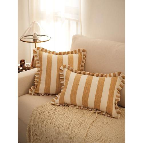 慢松球法国进口亚麻黄色条纹枕头沙发垫法国覆古田园安静床