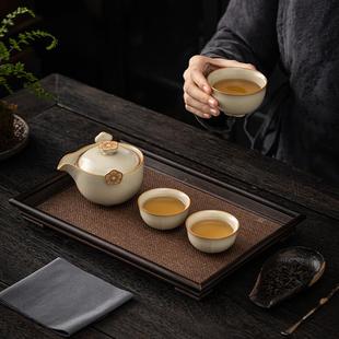 旅行功夫茶具小套装 米黄汝瓷快客杯一壶三杯便携式 个人家用泡茶壶