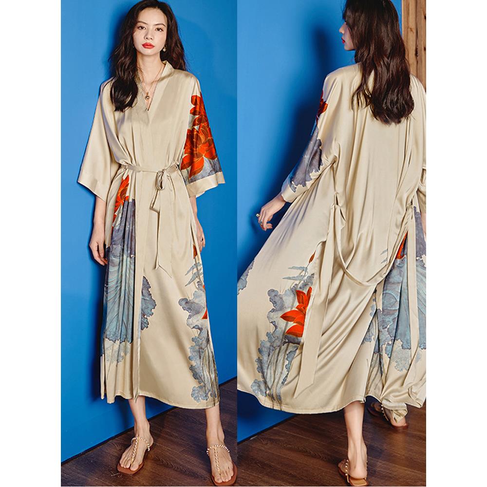 真丝睡袍女长款晨袍睡衣桑蚕丝家居服中国风秋冬睡裙丝绸法式浴袍