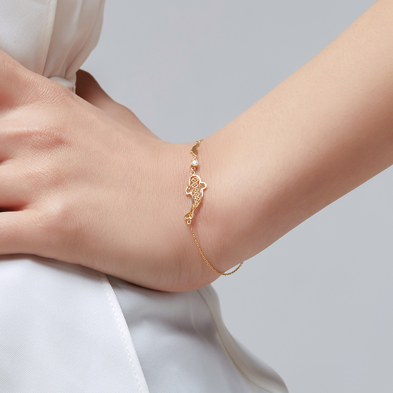 白海棠18k金镶锦鲤细手链生肖女红绳情人节礼物送情侣礼物首饰