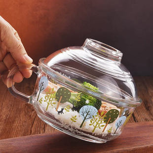 卡通新款 韩式 玻璃碗吃饭碗玻璃盖带把泡面碗汤碗面碗沙拉碗学生女