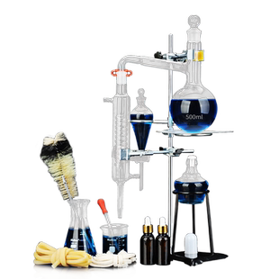 蒸馏装置全玻璃水蒸气纯露蒸馏精油蒸馏萃取装置全套设备箱化学实验室酒精圆底蒸馏烧瓶冷凝器冷凝管家用小型