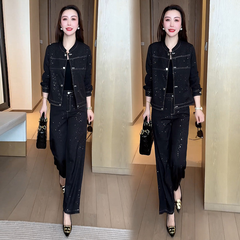 时尚减龄牛仔套装女2025春季新款小个子时髦洋气外套阔腿裤两件套