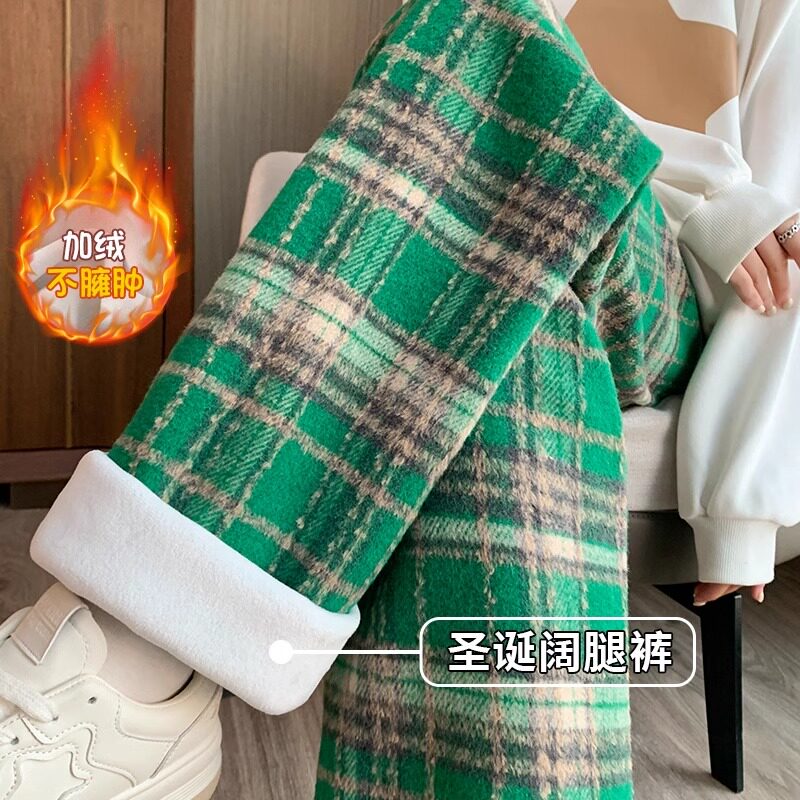 绿色加绒格子阔腿裤女冬季加厚高腰百搭显瘦休闲直筒拖地圣诞裤子