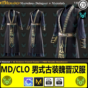 clo3d模型 汉服魏晋风古风武侠服饰板片打板源文件 男性古装 MD服装