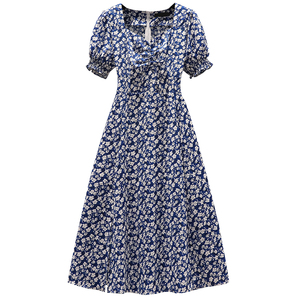 RY1845#大码夏复古法式胖妹妹碎花泡泡袖显瘦裙子方领开叉连衣裙