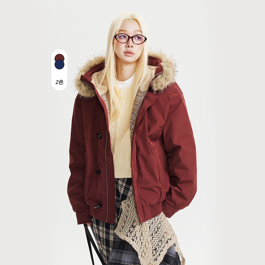 CATTEE大毛领派克服牛角扣连帽加厚棉服2025新款冬季宽松棉衣外套