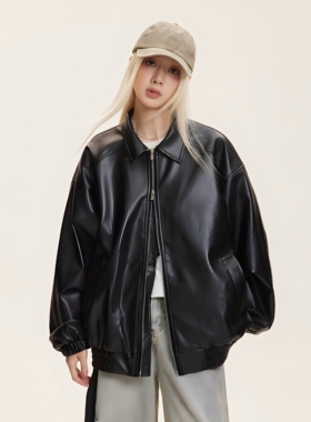 Cattee美式复古翻领皮衣女新款宽松PU皮机车服夹克外套