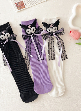 儿童库洛米袜子夏纯棉袜女童宝宝公仔中筒袜蕾丝蝴蝶结长筒小腿袜