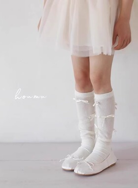 芭蕾风蝴蝶结女童夏季袜子薄款堆堆袜纯棉透气小腿袜薄棉中长筒袜