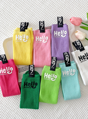 儿童袜子春夏季纯棉多巴胺女童小腿袜设计感小众字母布标中长筒袜