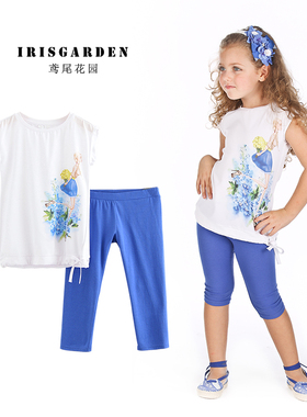 蓝色花天使 意大利童装F家夏季女童薄款长T恤+五分裤套装2-7岁