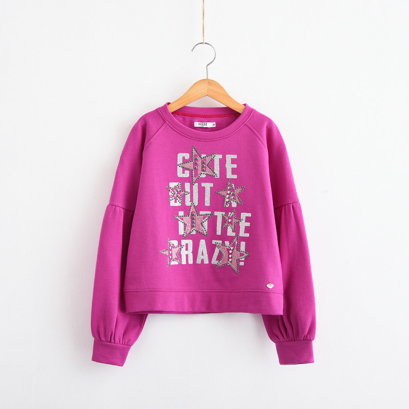 时尚泡泡袖 意大利童装 玫红色纯棉拉绒女童卫衣母女