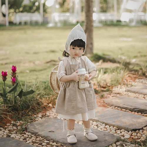韩国进口婴儿纯色棉麻系带公主裙