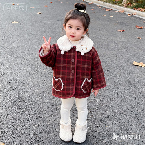 女童秋冬加厚韩版格子呢大衣