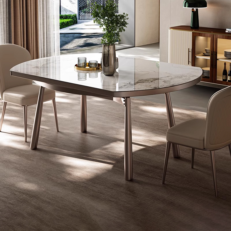 轻奢岩板餐桌现代简约可伸缩折叠高端意式家用小户型圆餐桌椅组合