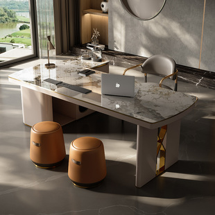 极简岩板书桌茶桌一体两用轻奢现代转角办公桌电脑桌椅组合 意式