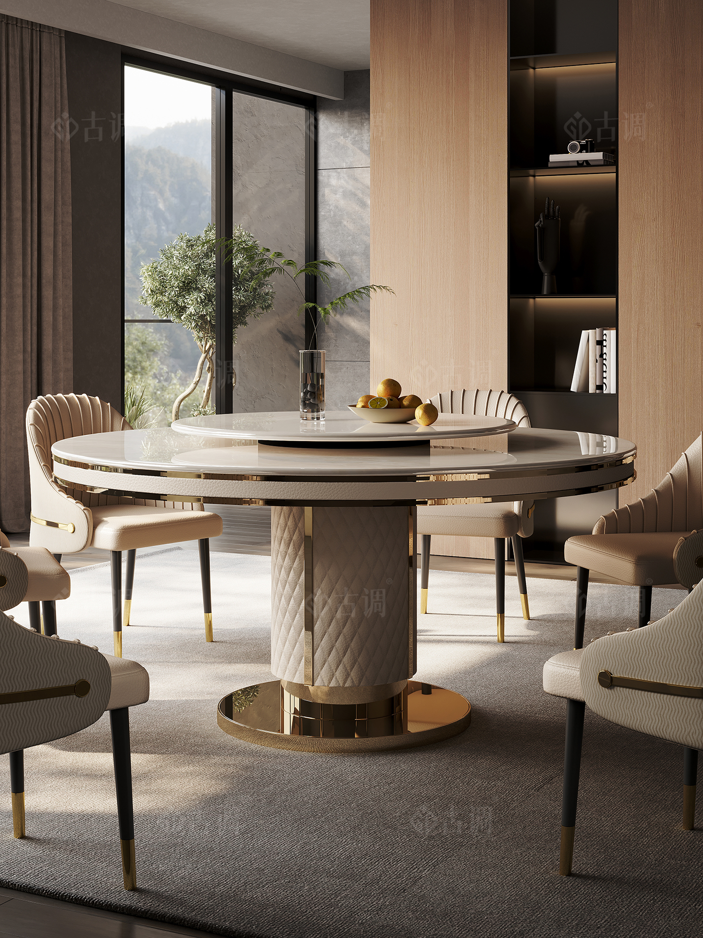 豪华的石头圆形餐桌可访问豪华现代简单的房子大平面地板家庭优雅