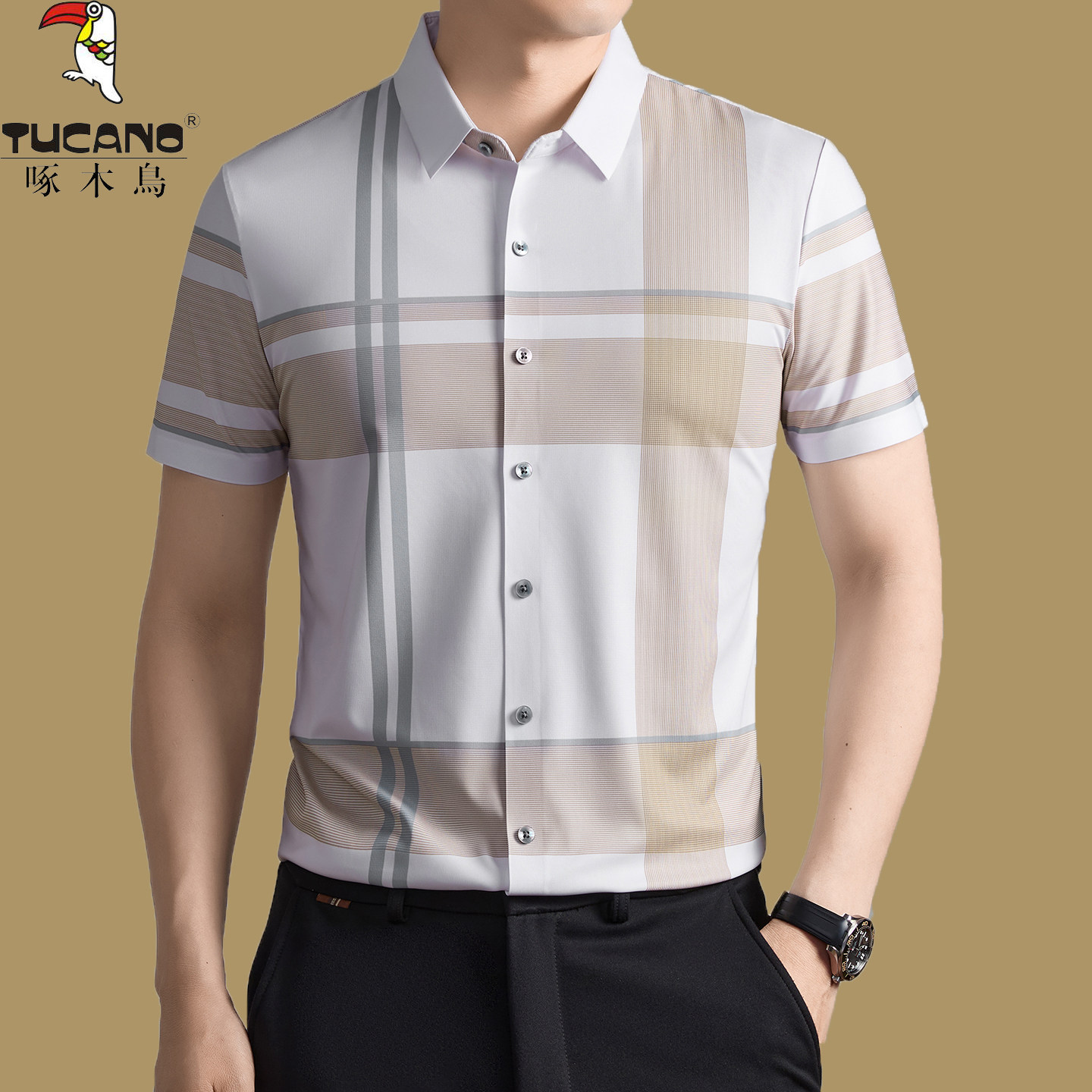 啄木鸟男士短袖衬衫夏季薄款冰丝宽松透气免烫商务休闲条纹衬衣男