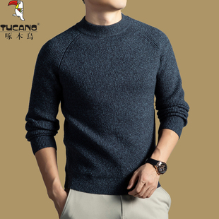 啄木鸟冬季加厚毛衣男士半高领针织衫韩版休闲纯色保暖羊毛打底衫