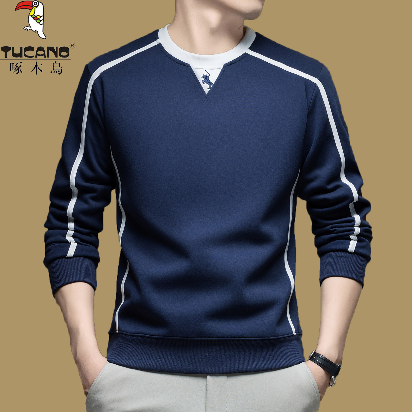 啄木鸟春秋季圆领卫衣男士休闲百搭纯棉长袖T恤宽松大码打底衫潮