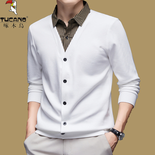 啄木鸟春秋新款假两件长袖T恤男士宽松韩版休闲衬衫领针织打底衫