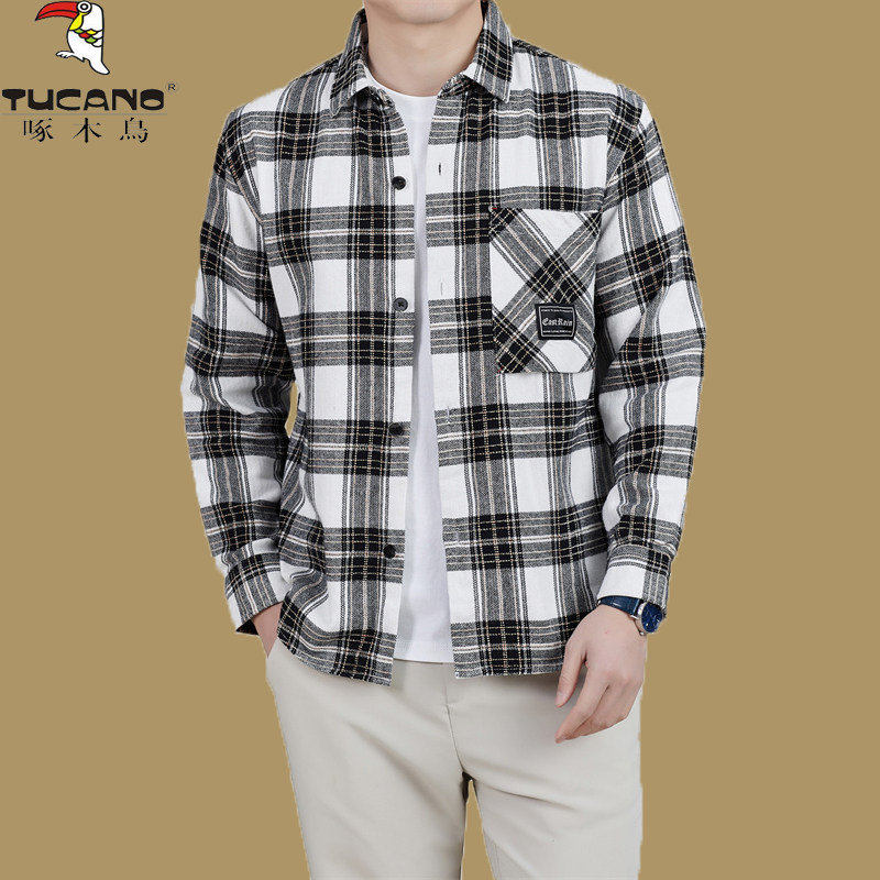 啄木鸟春秋季纯棉格子衬衫男士宽松休闲长袖上衣青年工装衬衣外套