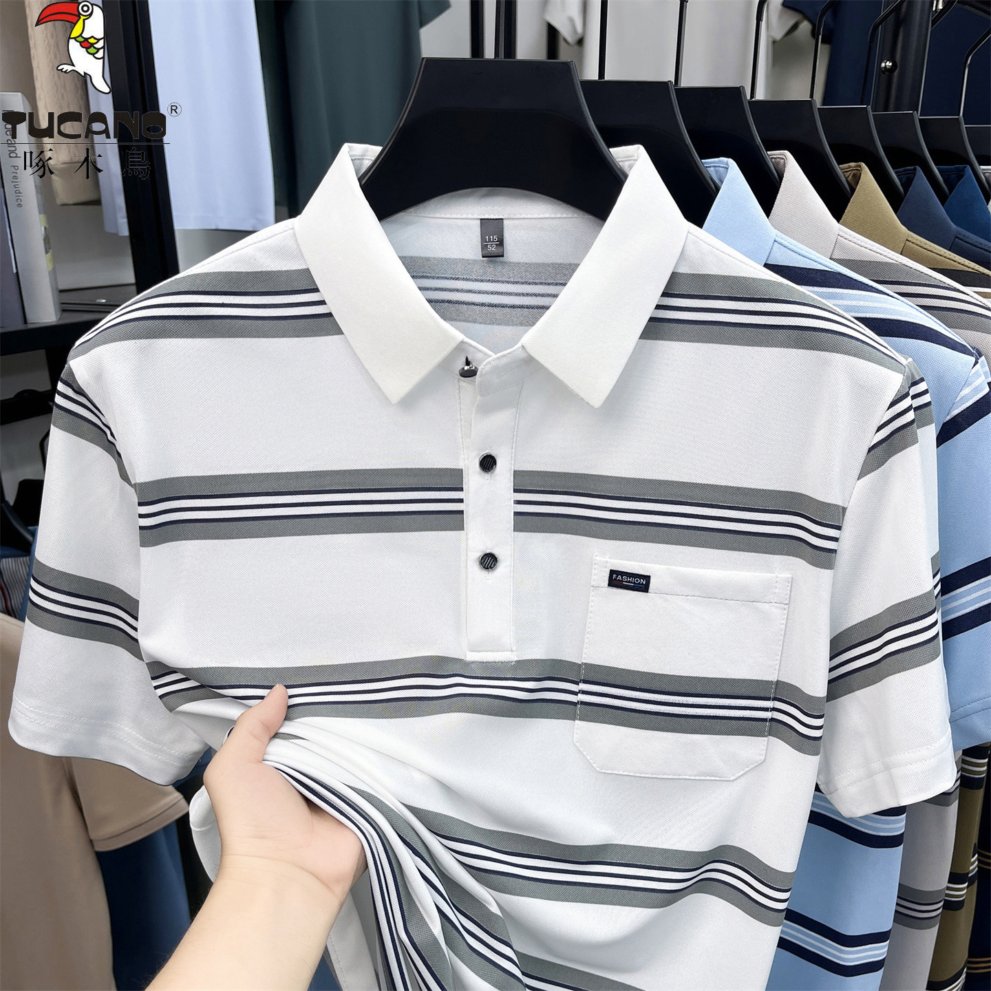 啄木鸟夏季桑蚕丝短袖t恤男翻领条纹中年宽松休闲冰丝薄款Polo衫