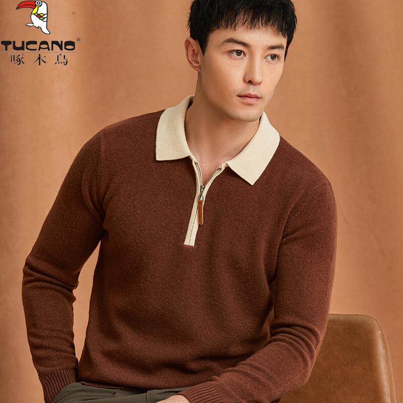 啄木鸟100%纯羊毛衫男士翻领半拉链针织衫冬季加厚毛衣保暖羊绒衫