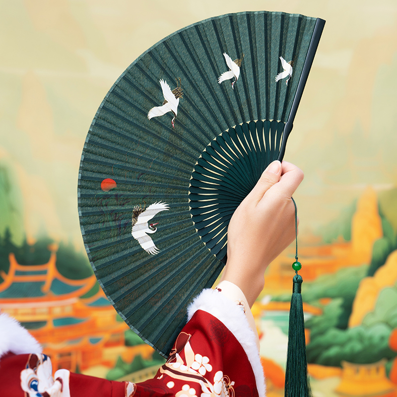 瑞鹤图古风6寸女扇仙鹤祥云墨绿