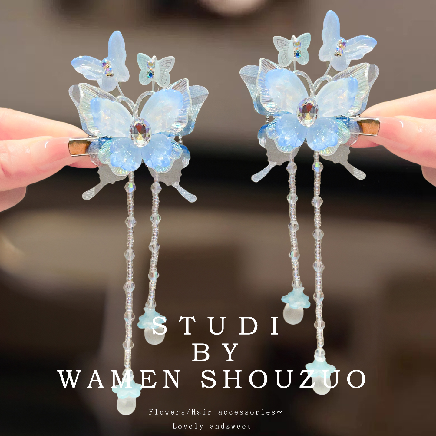 汉服头饰女儿童蝴蝶流苏对夹中秋节古装装饰新中式侧边刘海碎发夹