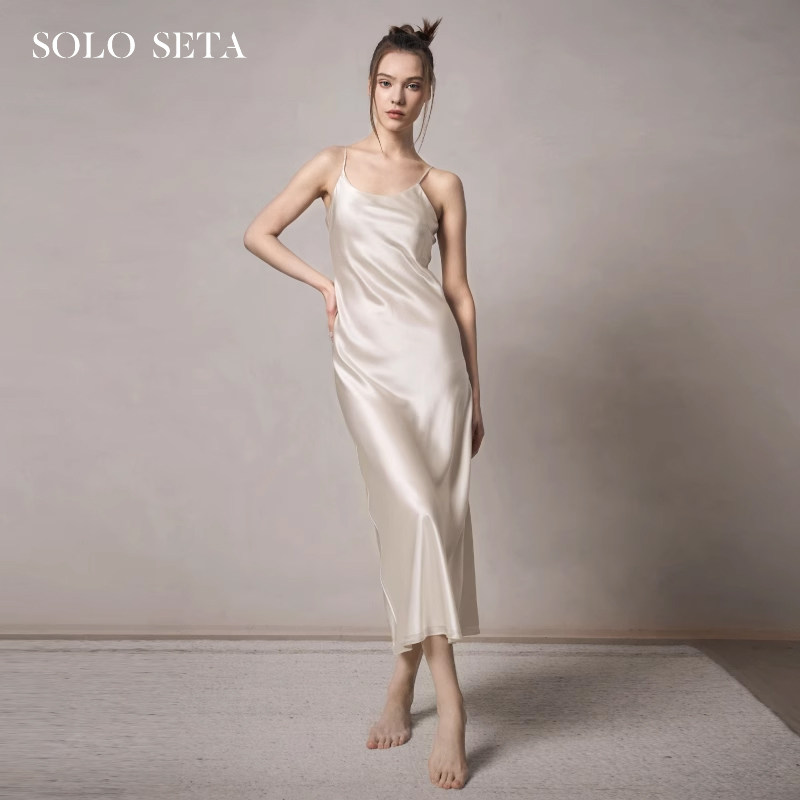 Solo seta22姆米重磅真丝吊带睡裙女桑蚕丝缎面长款露背丝绸春夏