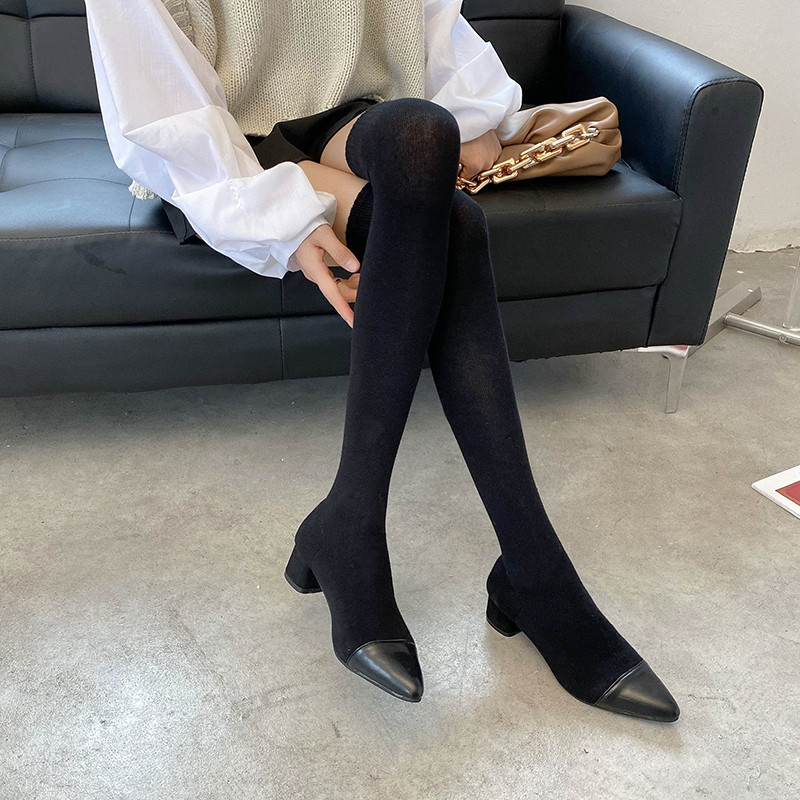 Bốt tất ống dài bốt ống cao quá gối cho nữ bốt len bốt nữ thu đông gót vuông mũi nhọn bốt gầy đàn hồi dệt kim