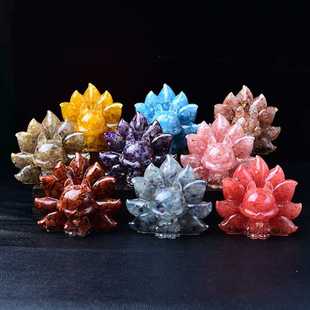 新款直销天然水晶碎石大号九尾狐摆件彩色宝石凤九狐狸摆设供奉送