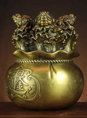 新款直销黄铜日进斗金金蟾钱袋 四蟾聚宝盆 家居店铺摆件 四方聚
