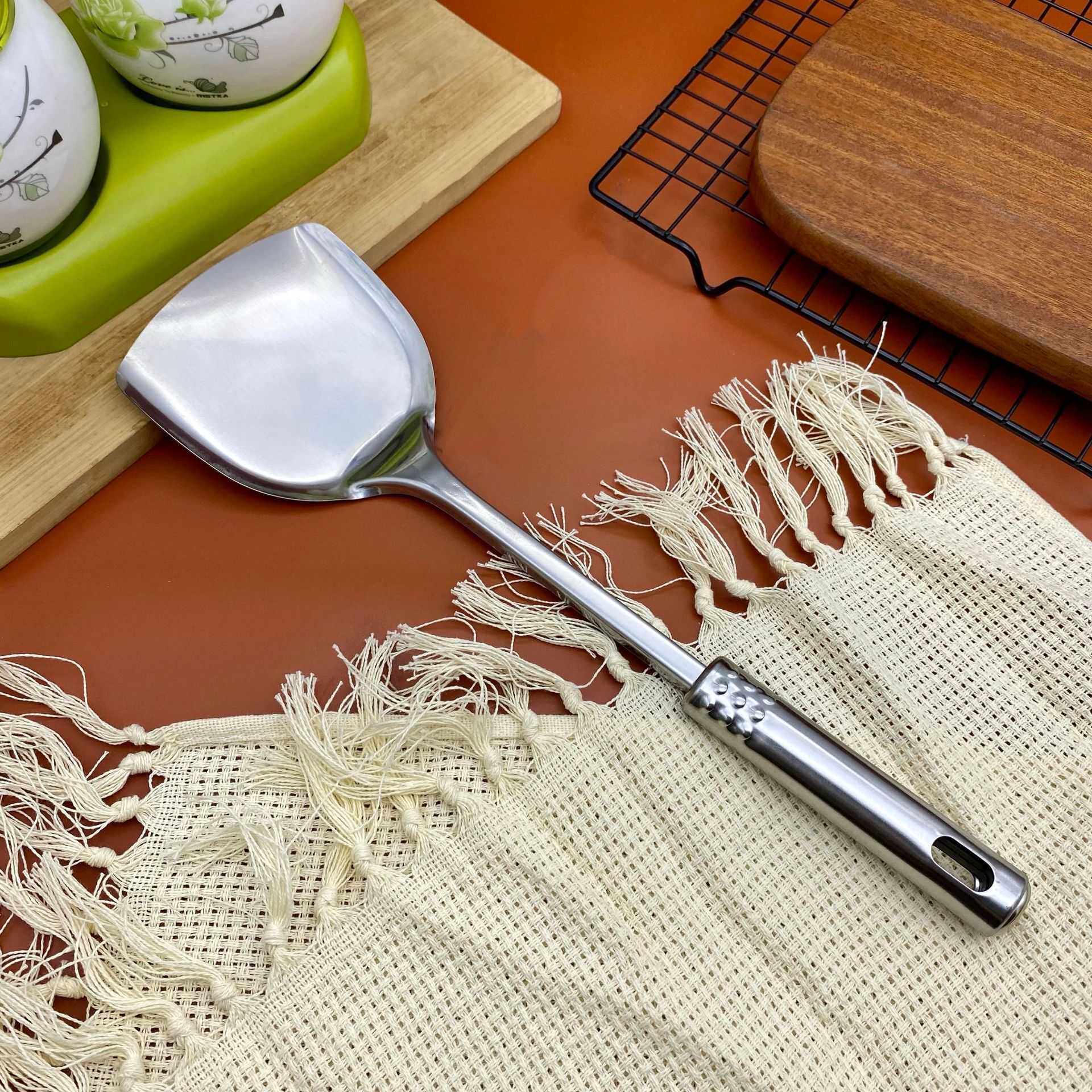 新款直销加厚不锈钢铲子漏勺汤勺漏铲锅铲家用炒菜铲子厨房防烫套