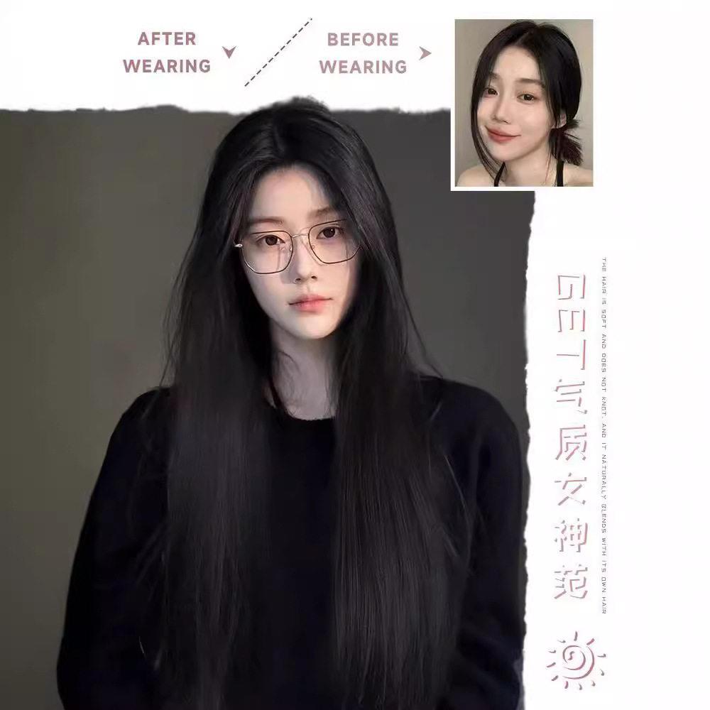 新款直销程铭假发女新款夏季黑棕色气质中分八字刘海长直发自然全