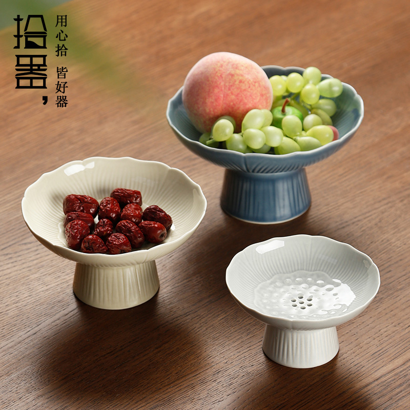 可沥水陶瓷高足高脚盘中式托盘供佛果盘点心茶点盘干果日式水果碟