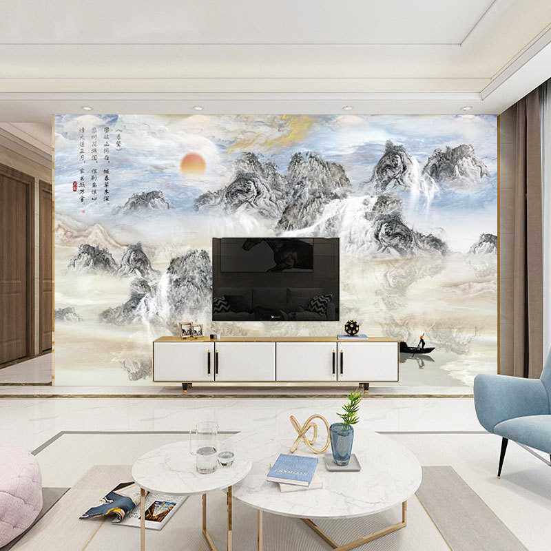 新款直销电视背景墙壁纸壁布新中式客厅大气仿大理石纹山水画墙布,家装主材,定制壁画,淘宝优惠券,粉丝福利购,淘宝优惠卷