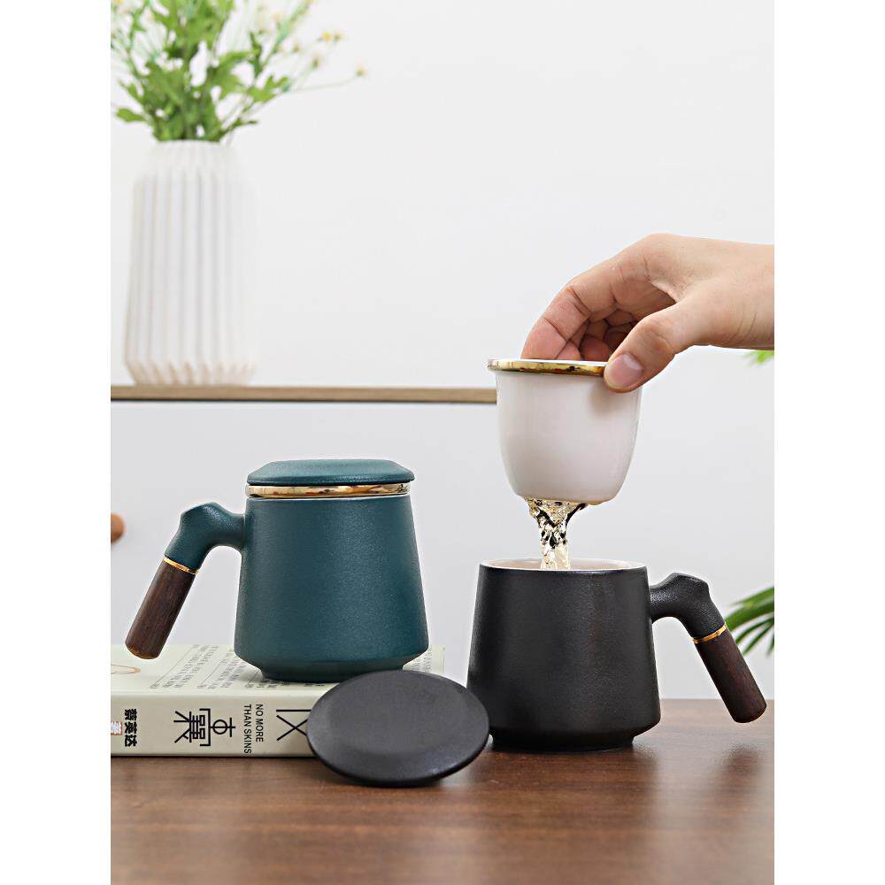 新款直销陶瓷粗陶水杯带盖过滤三件套礼盒包装创意木柄马克杯支持