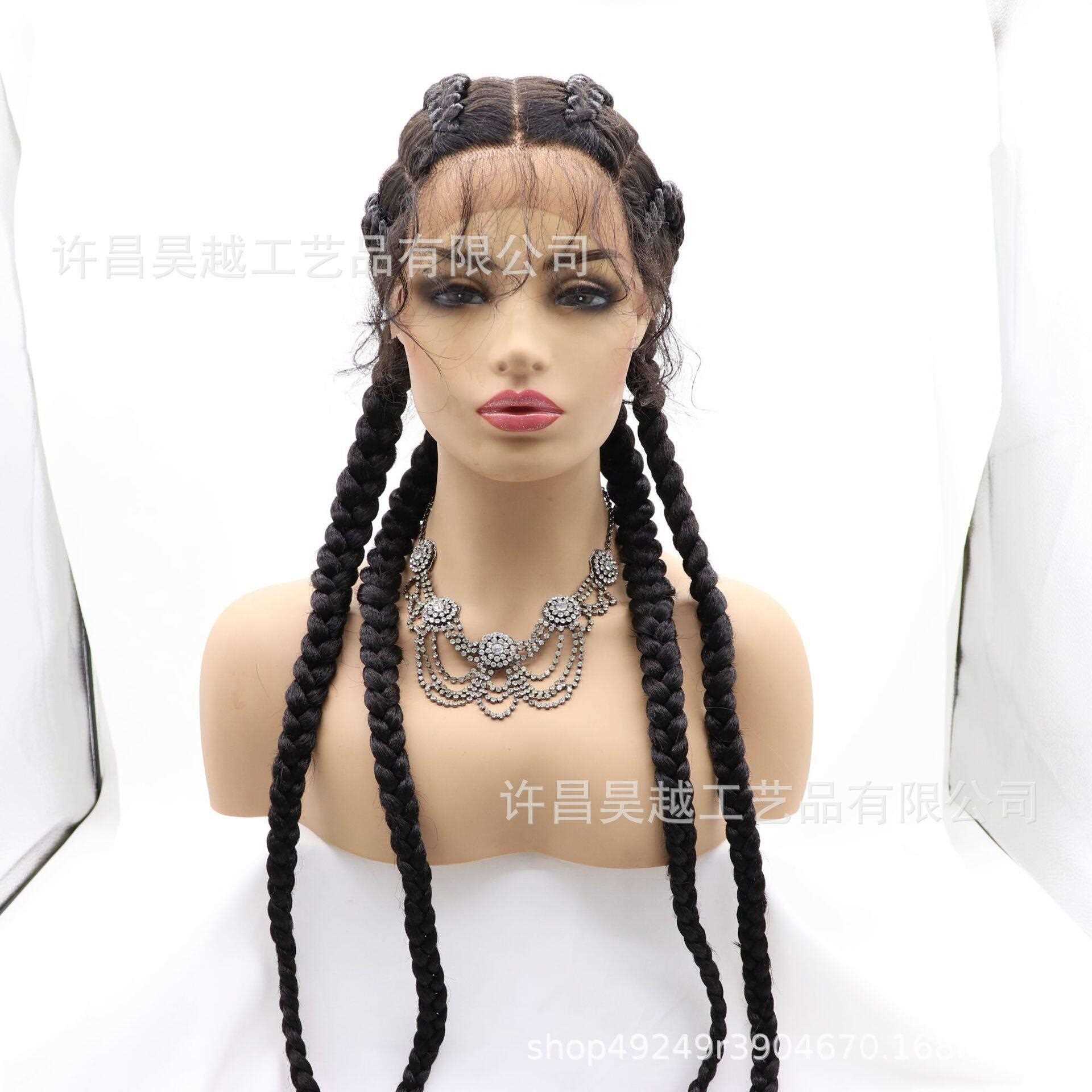 新款直销四根辫子前蕾丝假发头套欧美时尚长发辫子温丝化纤蕾丝假