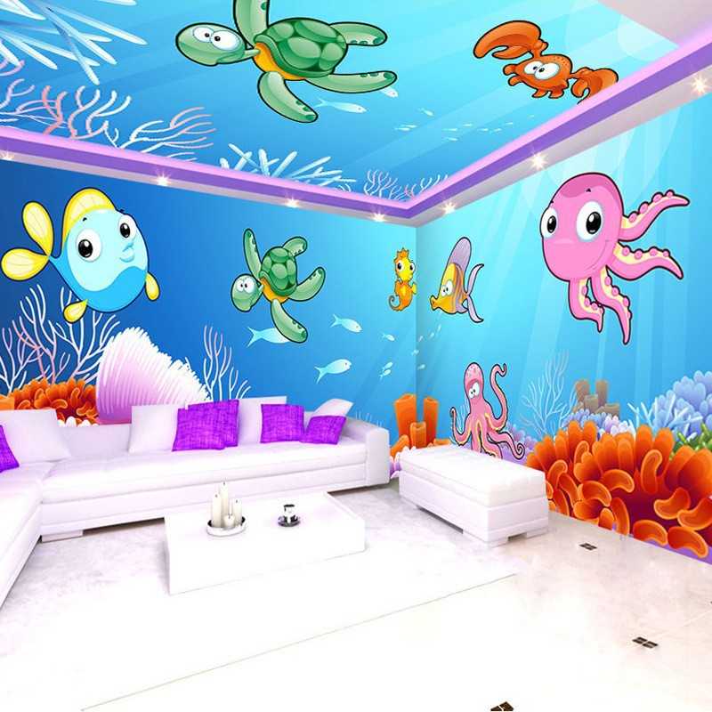 新款直销儿童房卡通男孩女孩海洋壁纸3d立体大型壁画海底世界游泳