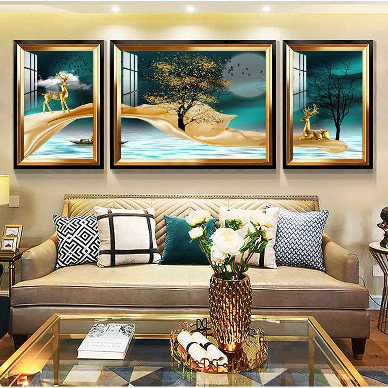 新款直销客厅装饰画北欧风格发财鹿现代简约三联沙发背景墙画轻奢
