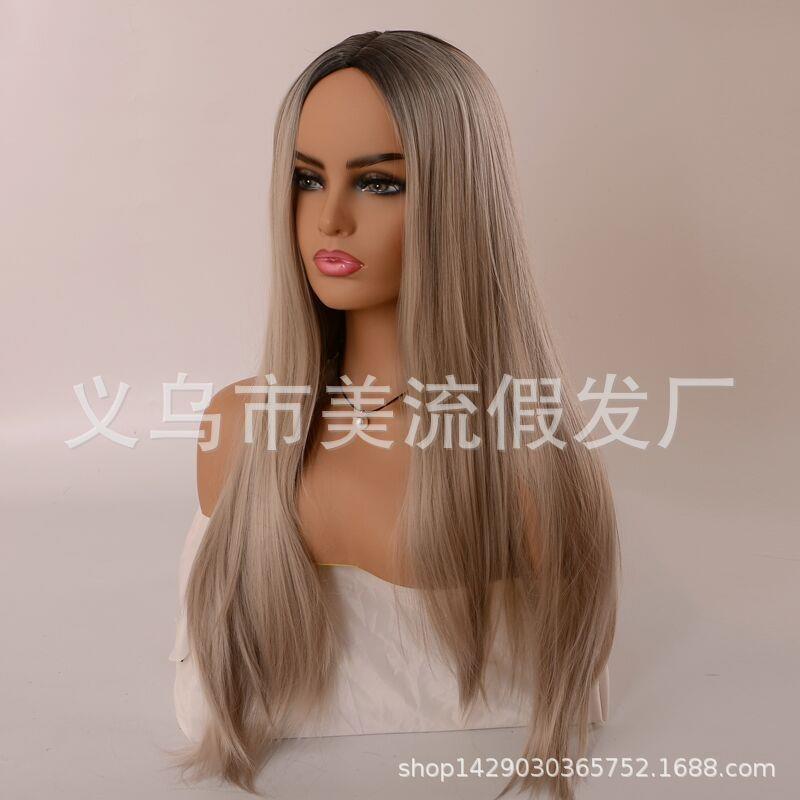 新款直销外贸eBay欧美女士假发热销深色棕色中分长直发化纤假发货