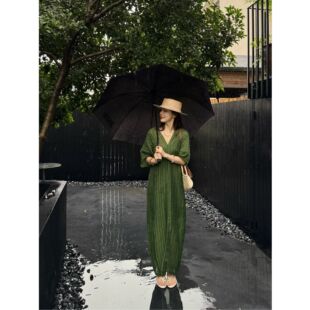 现货芝芝 亚麻天丝混纺复古条纹肌理感连衣裙 绿野仙踪