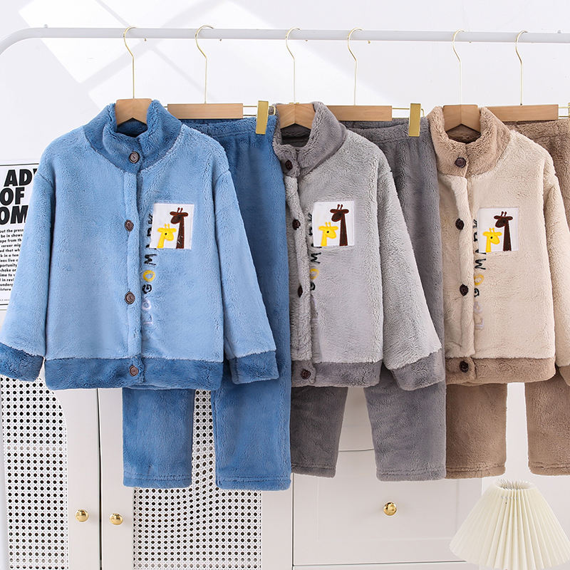 秋冬季男童加绒加厚开衫睡衣套装家居服