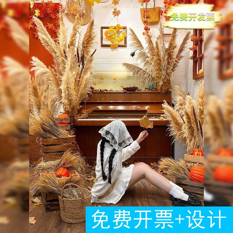 秋日木屋干花大芦苇摆件氛